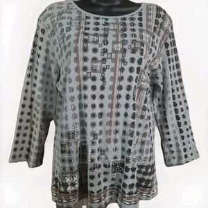Katina Marie Geometric Mixed Print Top Size L Gray Rhinestone Studded 3/4 Sleeve